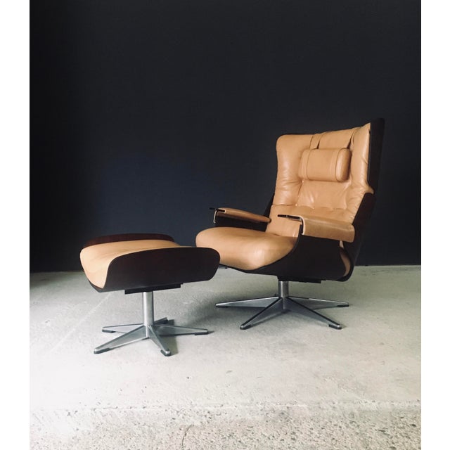 Brown Set of Mid-Century Modern Leather Lounge Chair and Ottoman, Germany, 1960s For Sale - Image 8 of 18