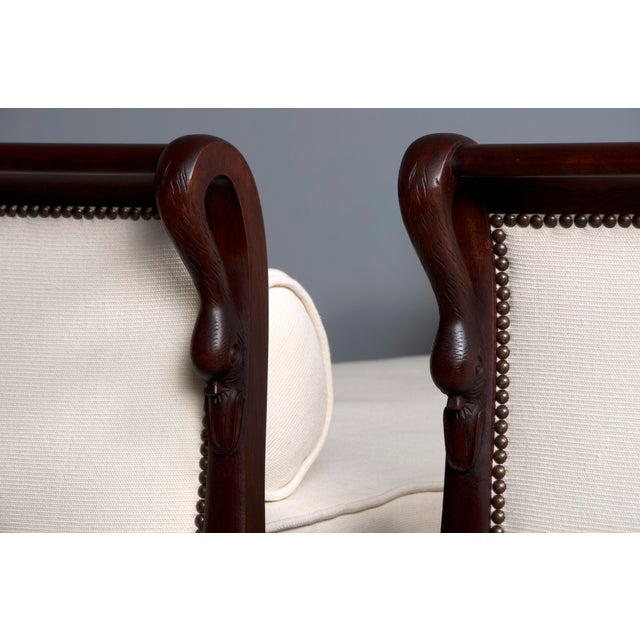 Antique French Empire Swan Neck Mahogany Daybeds W/ Cream Woven Fabric - a Pair For Sale - Image 11 of 12