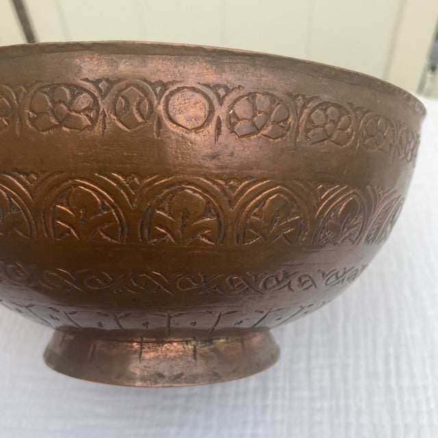 19th Century 19th C. Antique Indo-Persian Hand-Engraved Copper Decorative Pedestal Bowl For Sale - Image 5 of 12