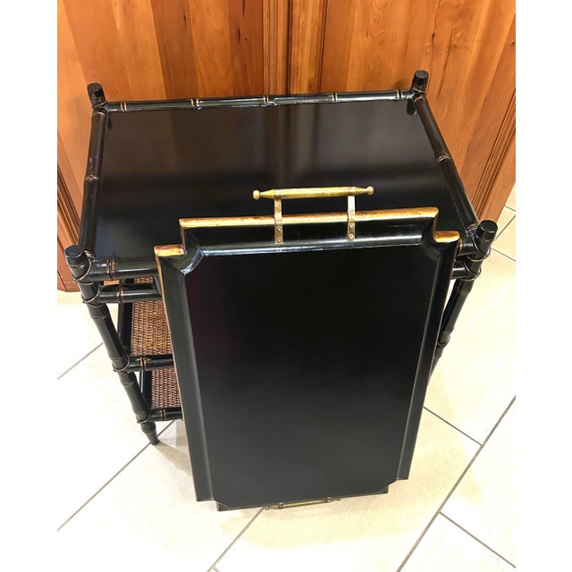 Mid-Century Modern Vintage Chinoiserie Tiered Coffee Table With Serving Tray and Gold Metal Handles, Tiers Lined With Woven Cane, Faux Bamboo Legs and Floral Motifs For Sale - Image 3 of 12