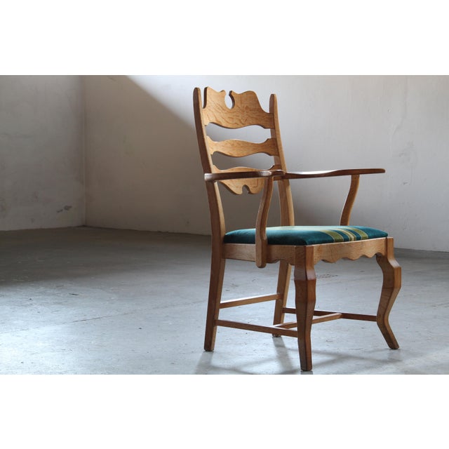 Mid-Century Modern Vintage Brutalist Oak Razorblade Green Striped Armchair by H. Kjærnulf, 1960s For Sale - Image 3 of 14