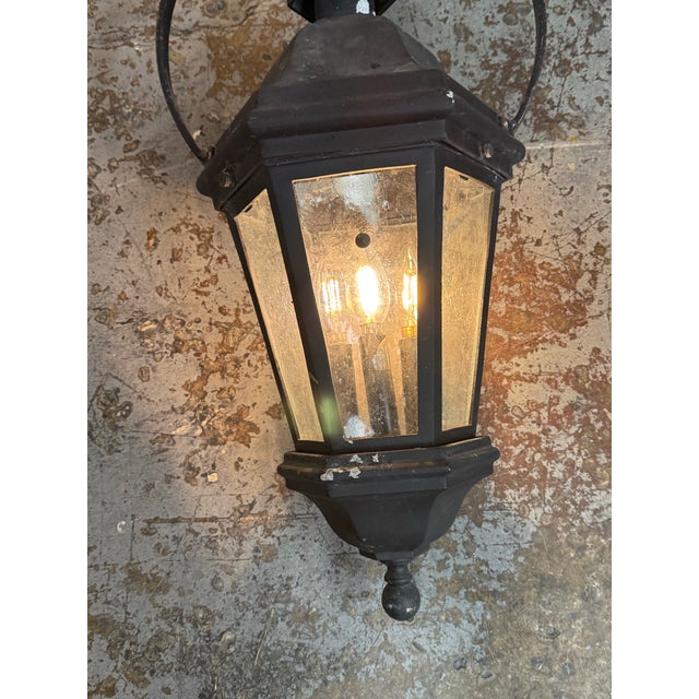 Metal Outdoor Metal + Glass Three Light Lantern, Vintage For Sale - Image 7 of 12