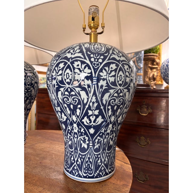 Contemporary Blue and White Ikat Pattern Ralph Lauren Over-Sized Jar Lamps With White Linen Shades, a Pair For Sale - Image 6 of 8