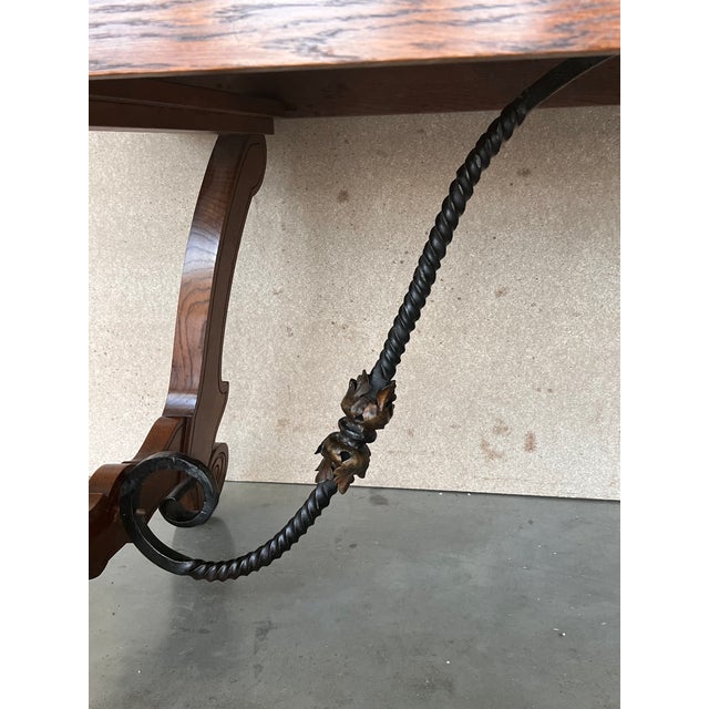 Brown 20th Century Spanish Oak Lyre Legs Trestle Dining Farm Table For Sale - Image 8 of 12