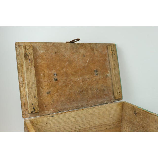 Antique Wooden Tool Chest With Leather Handle and Turquoise Paint For Sale In Kansas City - Image 6 of 11