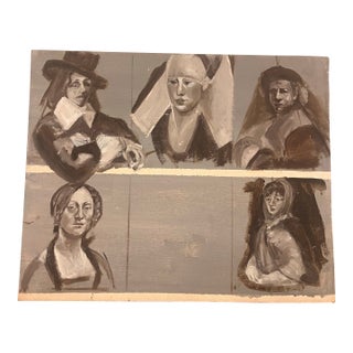 Original Figurative Portrait Painting 5 Female Figures Vintage Art Oil Canvas For Sale