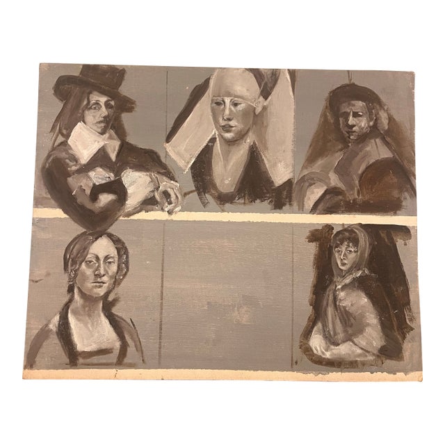 Original Figurative Portrait Painting 5 Female Figures Vintage Art Oil Canvas For Sale