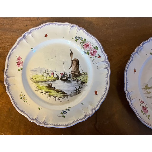 Ceramic Antique 18th Century French Veuve Perrin Faience Landscape Plates With Ruins and Windmill - A Pair For Sale - Image 7 of 11