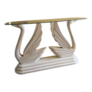 Vintage Hollywood Regency Carved Double Swan Console Table With Glass Top For Sale