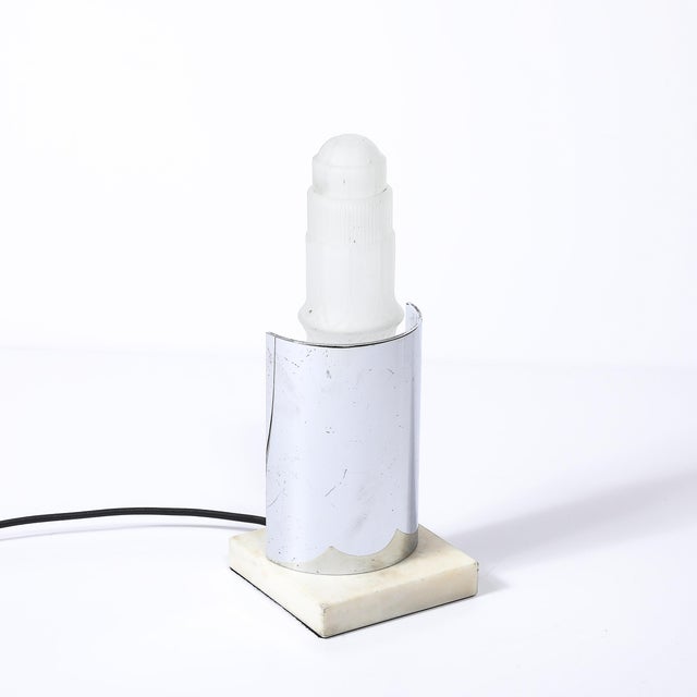 Art Deco Table Lamp in Frosted Glass W/ Polished Chrome Diffuser on Marble Base For Sale In New York - Image 6 of 14
