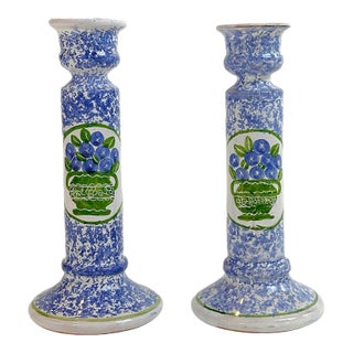 Mid Century Portuguese Faience Candle Holders - a Pair For Sale