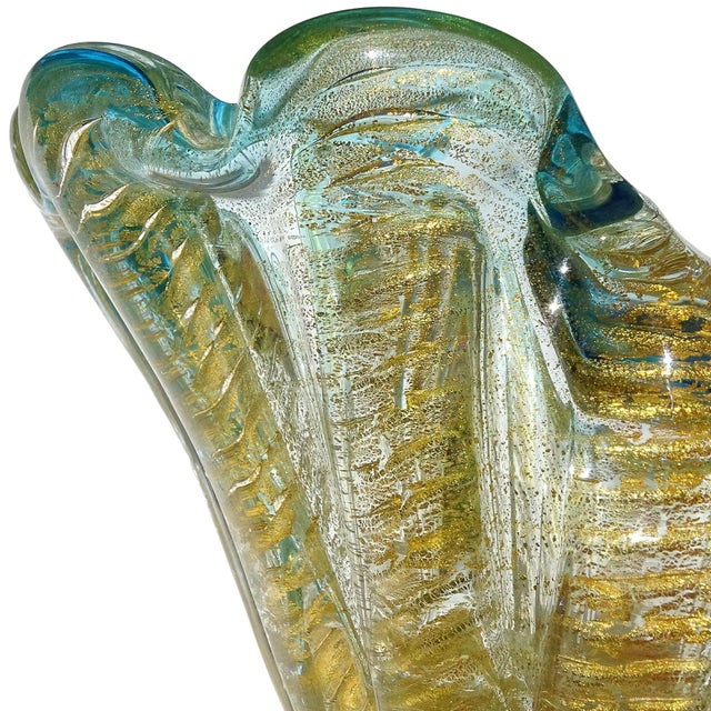 Glass Vintage Murano Barovier Toso Aqua Green Rim Gold Flecks Ribbed Surface Italian Art Glass Decorative Bowl For Sale - Image 7 of 9