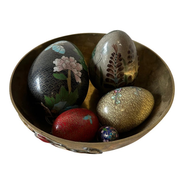 1970s Collection of Painted Eggs in Brass Bowl- 7 Pieces For Sale