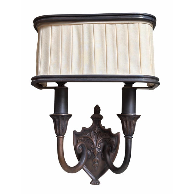 Traditional Pair of Patinated Bronze Shield Back Light Sconces by 20th Century Lighting For Sale - Image 3 of 5