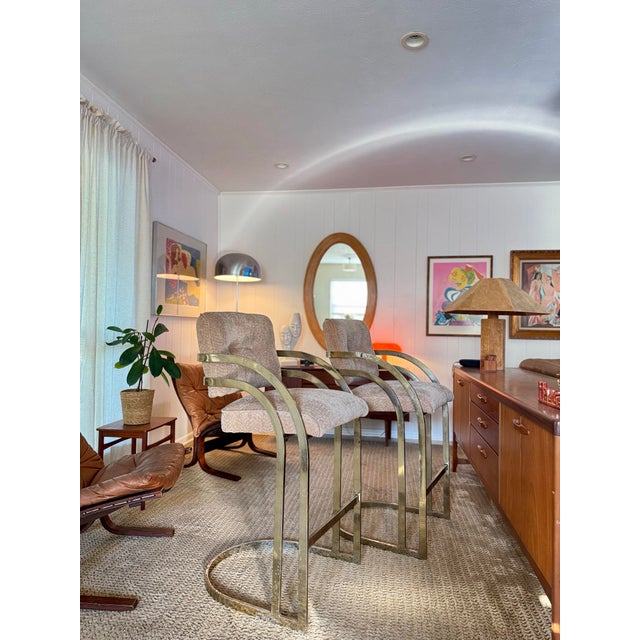 Metal A Set of Vintage Mid Century Cantilever Bar Stools in the Style of Milo Baughman, Circa 1970s For Sale - Image 7 of 12