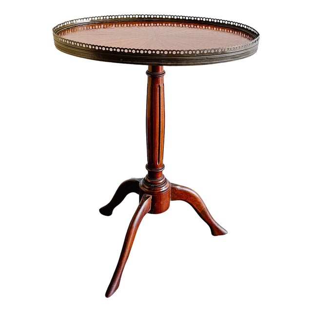 Antique French Neoclassical Mahogany Sunburst Inlaid Oval Side Table With Pierced Brass Gallery, Circa 1900 For Sale