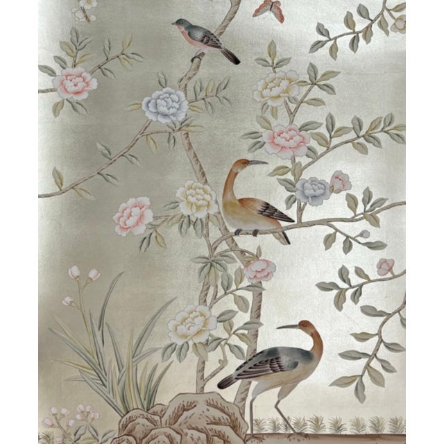 Chinoiserie Silver Leaf Chinoiserie Hand-Painted Peacock & Floral Wall Panels (Set of 4) For Sale - Image 3 of 5