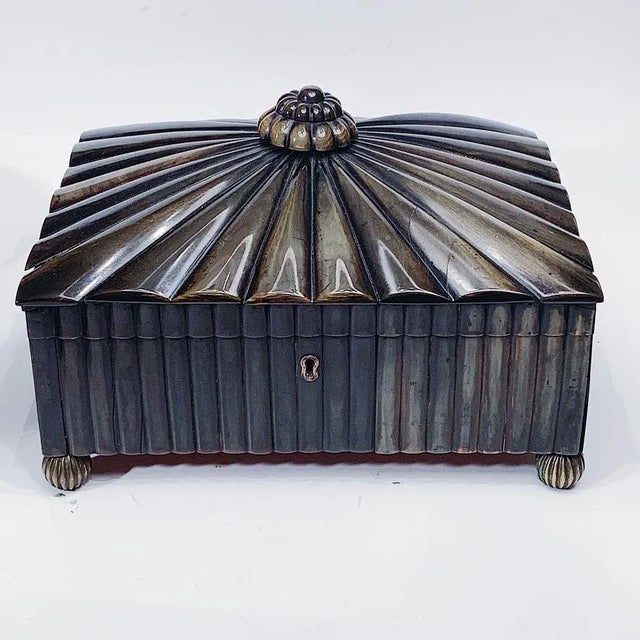 Neoclassical Antique Tea Caddy in Smoke Gray Ribbed Design For Sale - Image 3 of 4