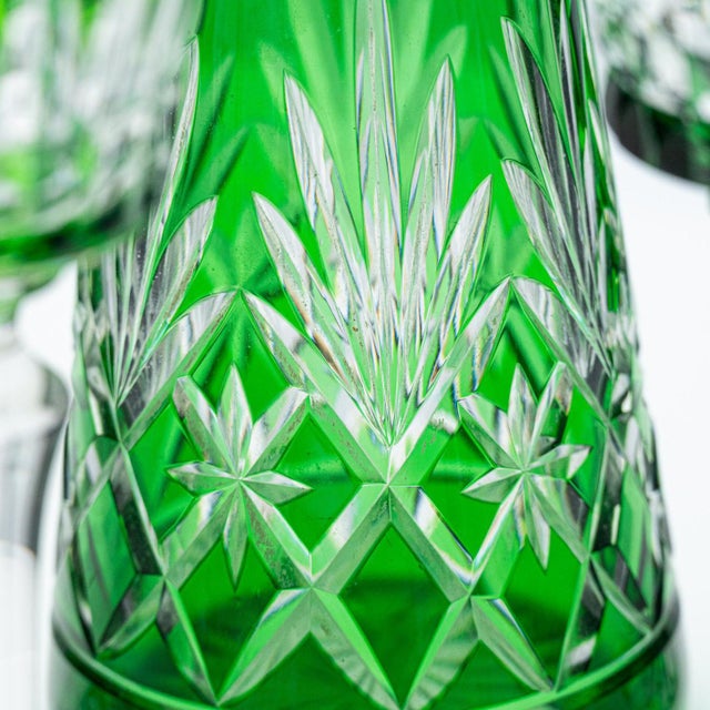 Luxury at its finest, set of 6 high-end glasses by baccarat and 1 carafe by saint lois in green double-layered crystal...