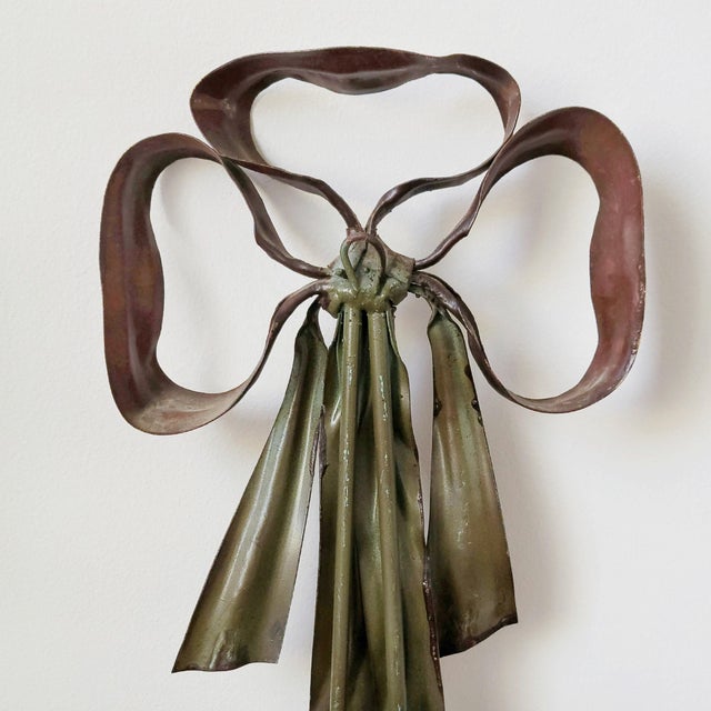 Green LaBarge Italian Patinated Tole Wreath Bow Metal Wall Mirror For Sale - Image 8 of 10