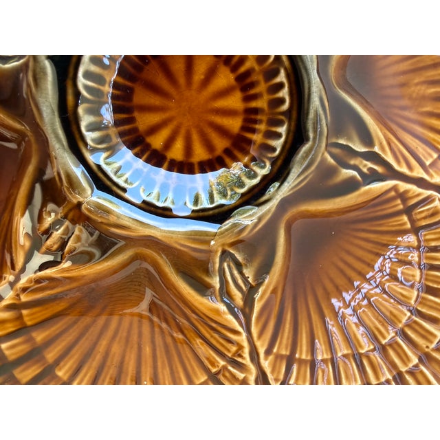 Ceramic Majolica Oyster Plate by Sarreguemines, France, Circa 1950 – Brown Glazed Shell Design For Sale - Image 7 of 7