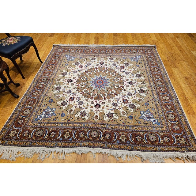 Tan Vintage Persian Tabriz Square Area Rug, Hand-Knotted Wool & Silk, Fine Medallion Floral Pattern, Ivory & Brown, 7x7 For Sale - Image 8 of 16