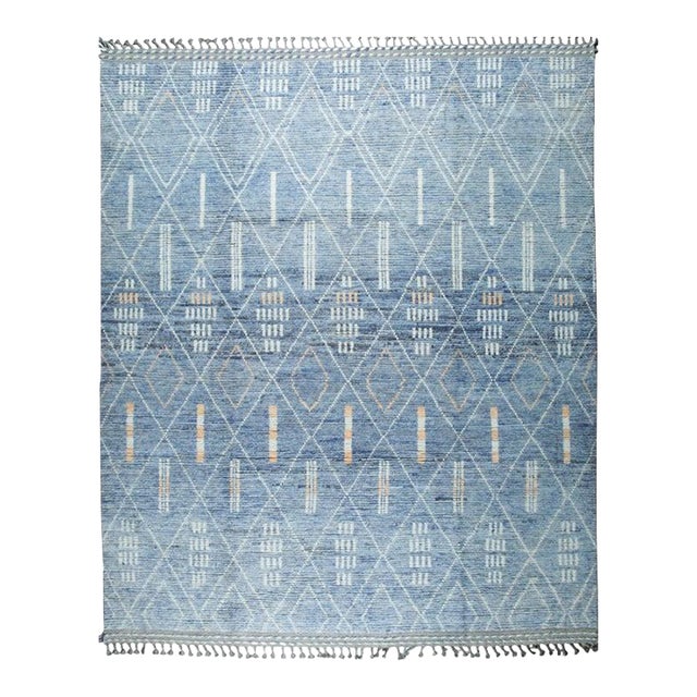 8x10 Blue Hand-Knotted Wool Diamond Lattice Tribal Modern Carpet Rug For Sale
