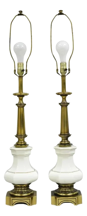 Vintage Stiffel Style Empire Burnished Brass & Porcelain Table Lamps (B) - Pair
