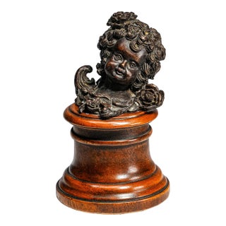 Classic Antique Bronze Cherub Bust Sculpture on Wood Pedestal Edwardian Putti Figure For Sale