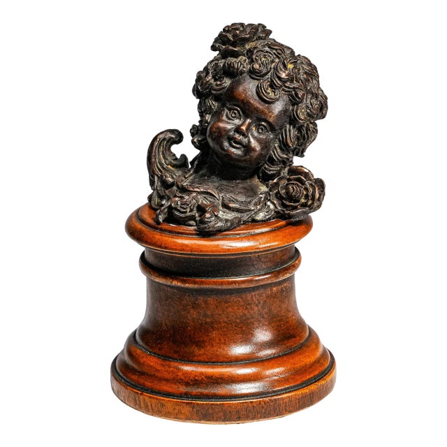Classic Antique Bronze Cherub Bust Sculpture on Wood Pedestal Edwardian Putti Figure For Sale