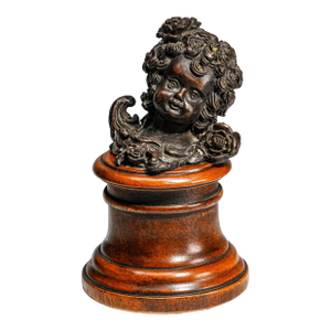 Classic Antique Bronze Cherub Bust Sculpture on Wood Pedestal Edwardian Putti Figure