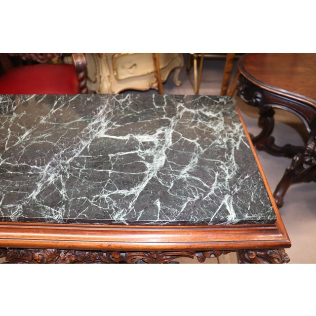 Verdigris Fine Carved Walnut Verdi Green Marble Top Console Table With Stretcher Base For Sale - Image 8 of 13