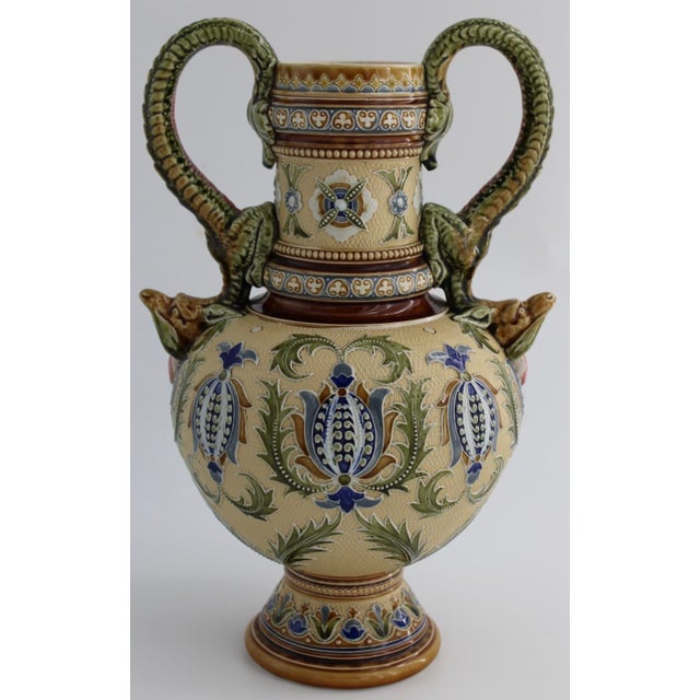 1900 - 1909 Antique Villeroy & Boch Mettlach Art Nouveau Vase W/ Dragon Handles For Sale - Image 5 of 8