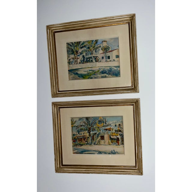 Glass Set of 2 Vintage F. Richardson Murray Coral Gables House Portrait Watercolor Paintings, Framed For Sale - Image 7 of 11