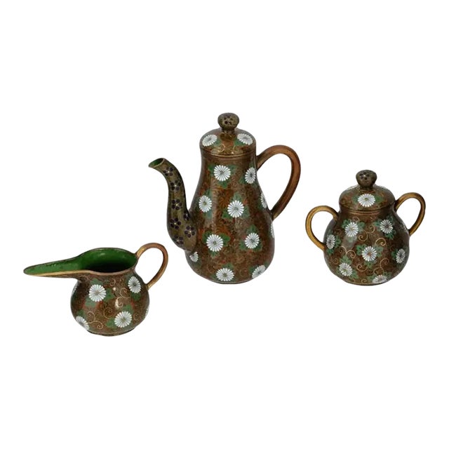 Antique Japanese Cloisonne Enamel Gold Stone Coffee Set- 3 Pieces For Sale