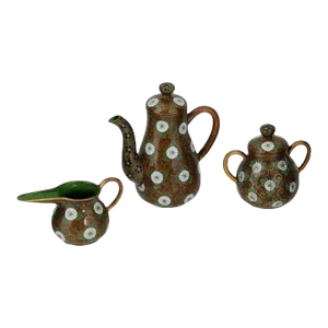 Antique Japanese Cloisonne Enamel Gold Stone Coffee Set- 3 Pieces