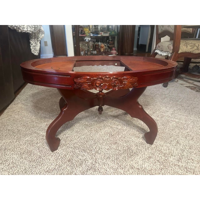 Victorian Vintage Oval Marble-Top Coffee Table With Carved Floral Apron (Nice) For Sale - Image 3 of 12