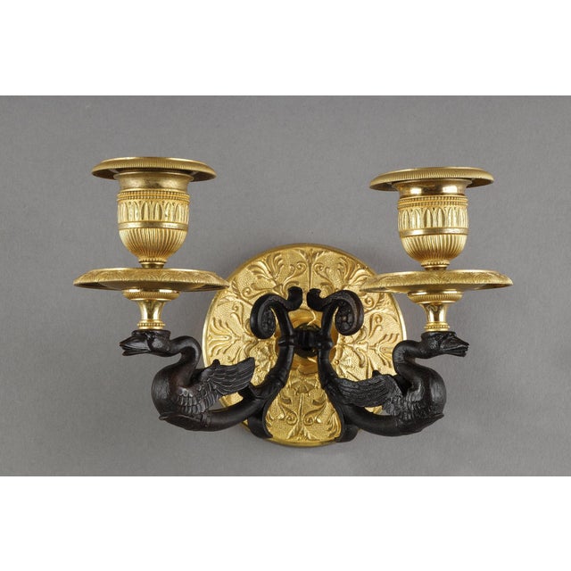 Metal Small Two-Light Ormolu Sconces with Brown Patina, 1840s, Set of 2 For Sale - Image 7 of 14