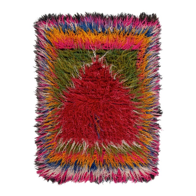 1950s Vintage Tulu Rug in Red, Multicolor Geometric Pattern, Shag Pile For Sale