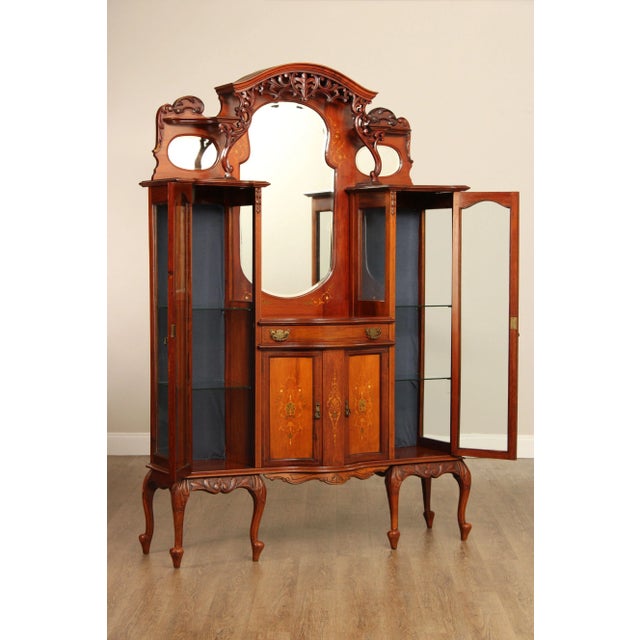 Antique Edwardian Mahogany Carved and Inlaid Double Display Etagere Cabinet For Sale - Image 11 of 12