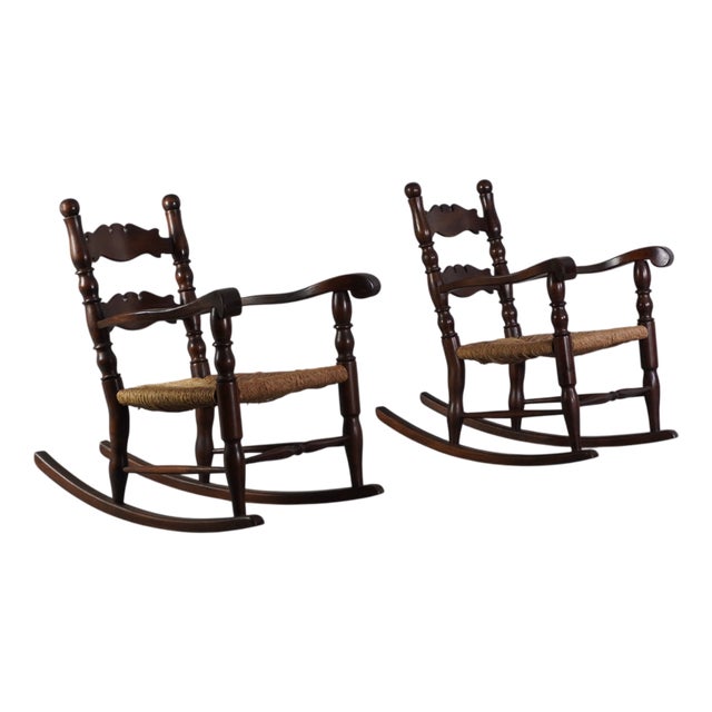 Vintage Rocking Chairs with Straw Seat, 1950s, Set of 2 For Sale