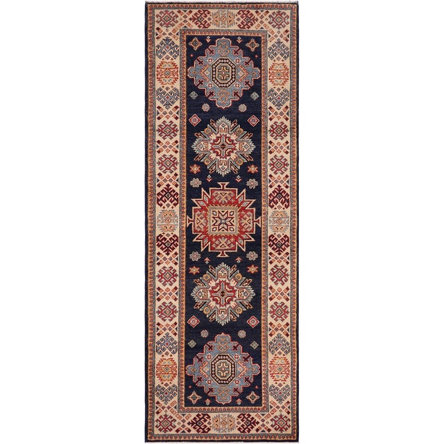 Bohemian Kazak Karina Blue/Beige Wool Runner Rug- 2'8''x7'9'' For Sale - Image 10 of 10
