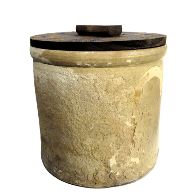 Vintage Well Weathered 2 Gallon Pickle Crock + Lid J. Fisher & Co Lyons, Ny For Sale - Image 4 of 16
