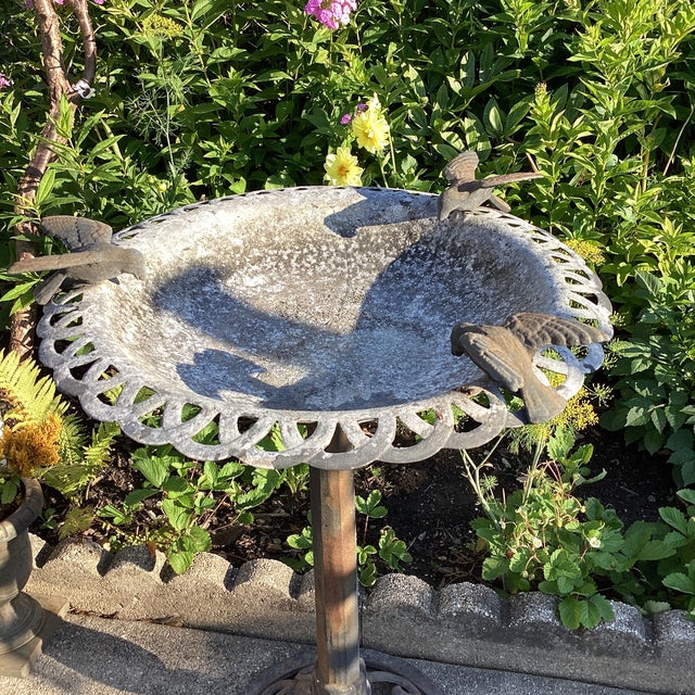 Vintage Bird Bath Aluminum With Iron Filigree Base and Perching Bird Sculpture