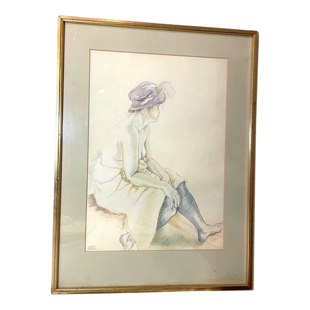 Vintage 1971 Original Leslie Bowen Nude Lady Woman Pencil Crayon Drawing Sketch For Sale