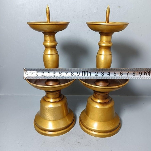 Pair of Vintage Solid Brass Altar Candlesticks With Drip Pans & Spikes For Sale In Los Angeles - Image 6 of 6