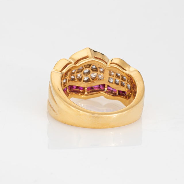 1980s 80s Diamond Ruby Ring Sz 6.5 Wide Band Vintage 18k Yellow Gold Fine Jewelry For Sale - Image 5 of 7