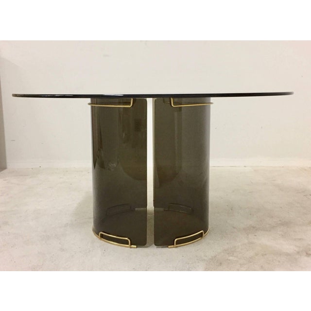 Round Grey Smoky Glass Dining Table with Curved Glass Base and Brass