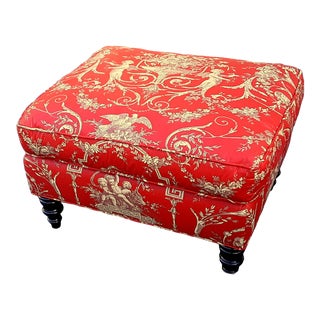 Custom Ethan Allen Candy Apple Polished Toile Upholstered Ottoman For Sale