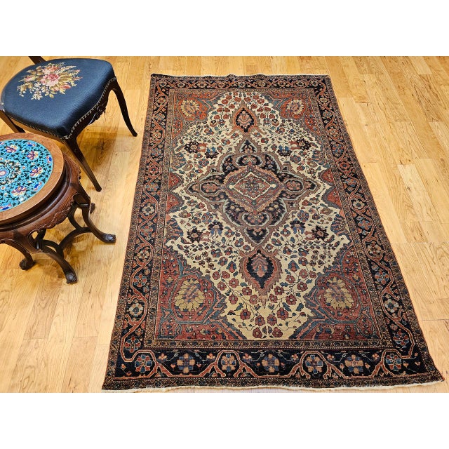 19th Century 19th Century Persian Farahan Sarouk Area Rug, Hand-Knotted Wool, Floral Medallion Pattern, Ivory & Blue, 4x7 For Sale - Image 5 of 14